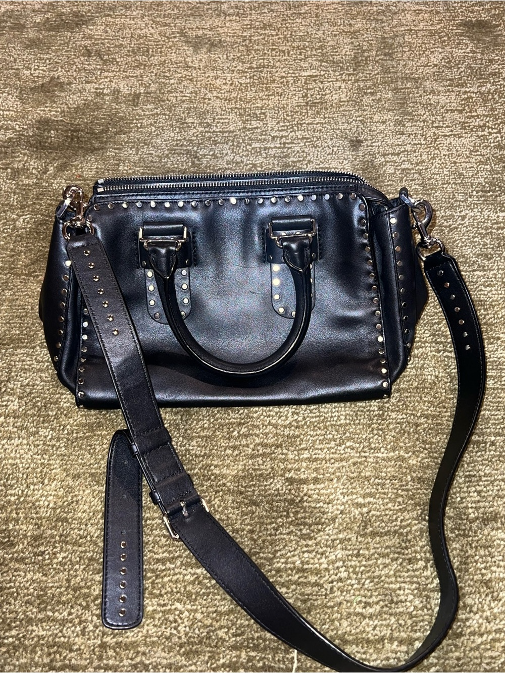 Black Stud-Trim Leather Top Handle Bag